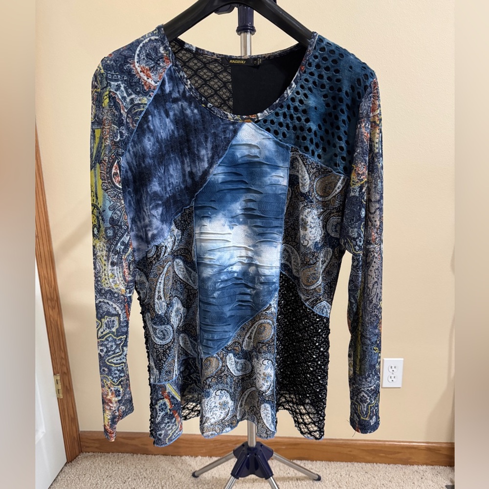 Radzoli Blue Patchwork Long Sleeve Blouse